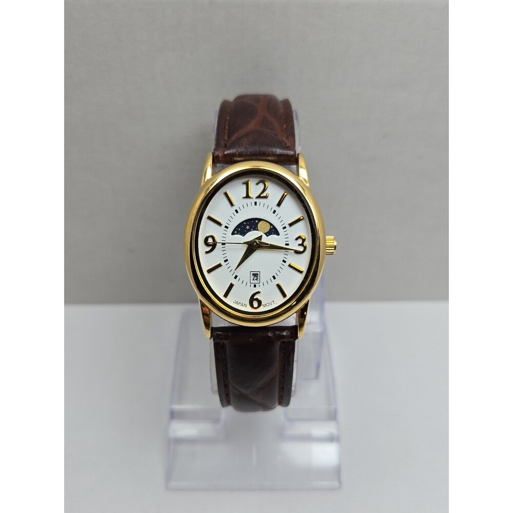 Womens Vintage Avon Moon Phase Date Womens Gold Tone Leather Watch New Battery